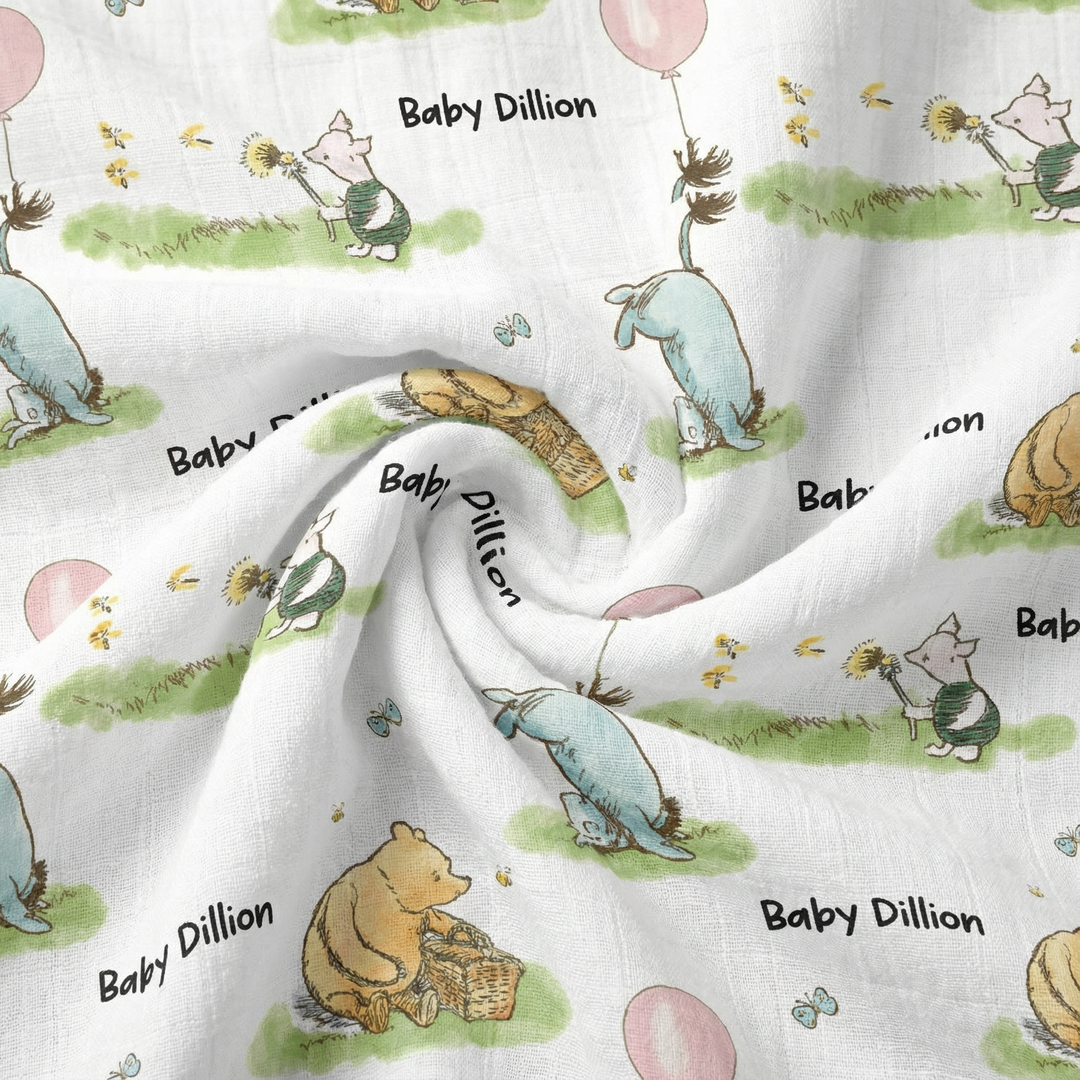 Personalised muslin swaddle wrap with baby name, soft breathable fabric, 120x120cm size for newborn comfort and gift
