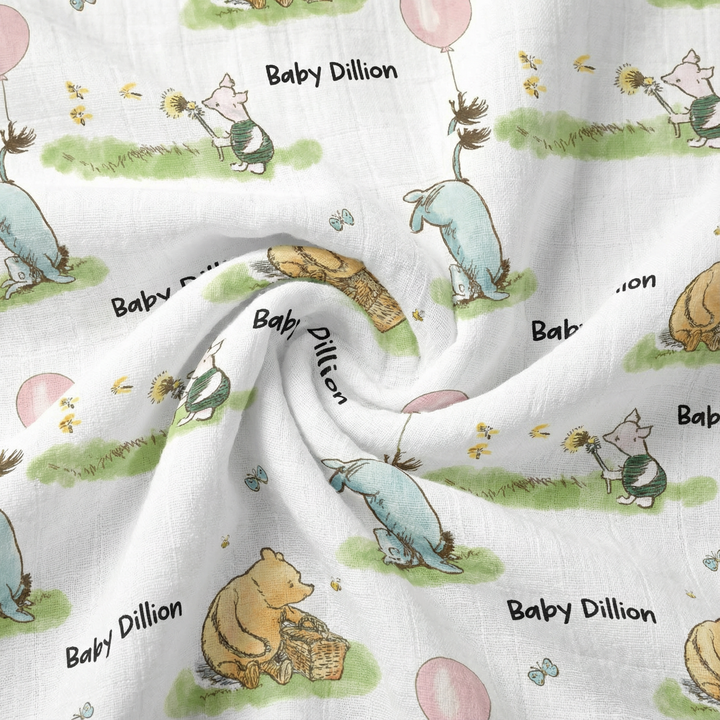 Personalised muslin swaddle wrap with baby name, soft breathable fabric, 120x120cm size for newborn comfort and gift