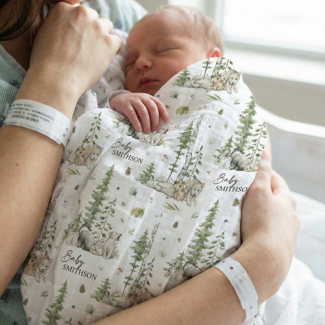 Personalised custom muslin swaddle wrap with baby name, soft breathable fabric, 120x120cm, perfect for newborns and babies