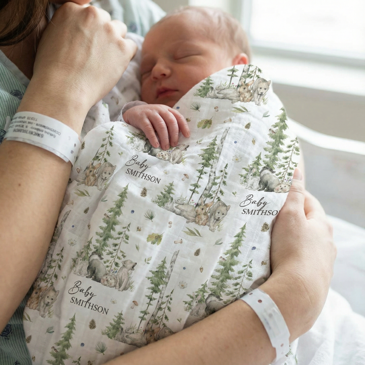 Personalised custom muslin swaddle wrap with baby name, soft breathable fabric, 120x120cm, perfect for newborns and babies