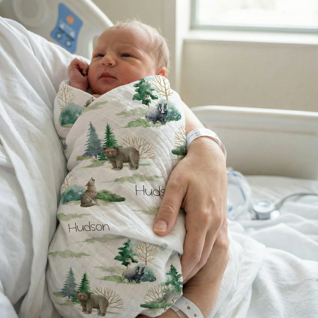 Personalised muslin swaddle wrap with baby name, soft breathable fabric, 120x120cm, ideal for newborn comfort and gift