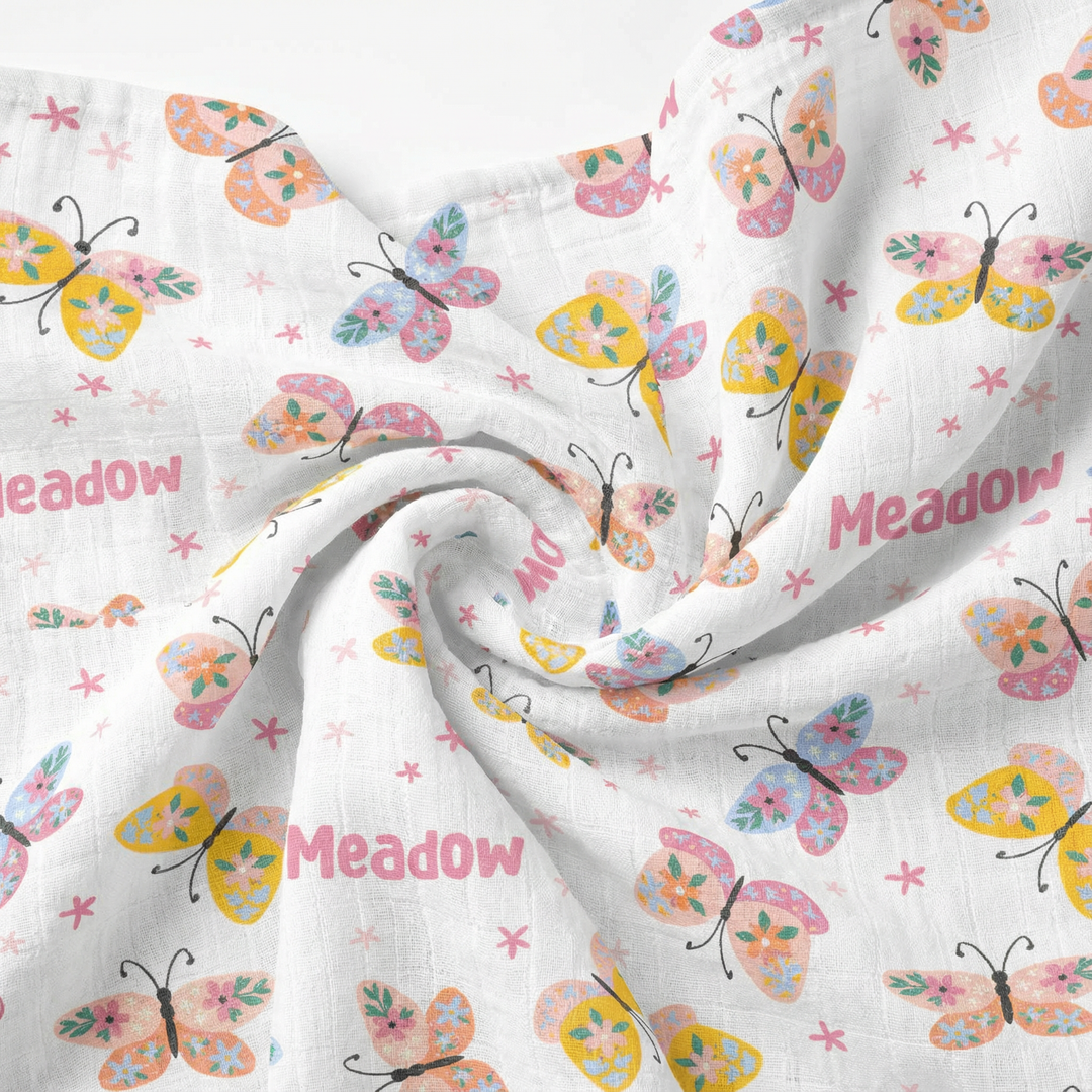 Personalised muslin swaddle wrap with baby name, soft breathable fabric, 120x120cm size for newborns and babies