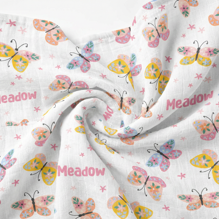 Personalised muslin swaddle wrap with baby name, soft breathable fabric, 120x120cm size for newborns and babies