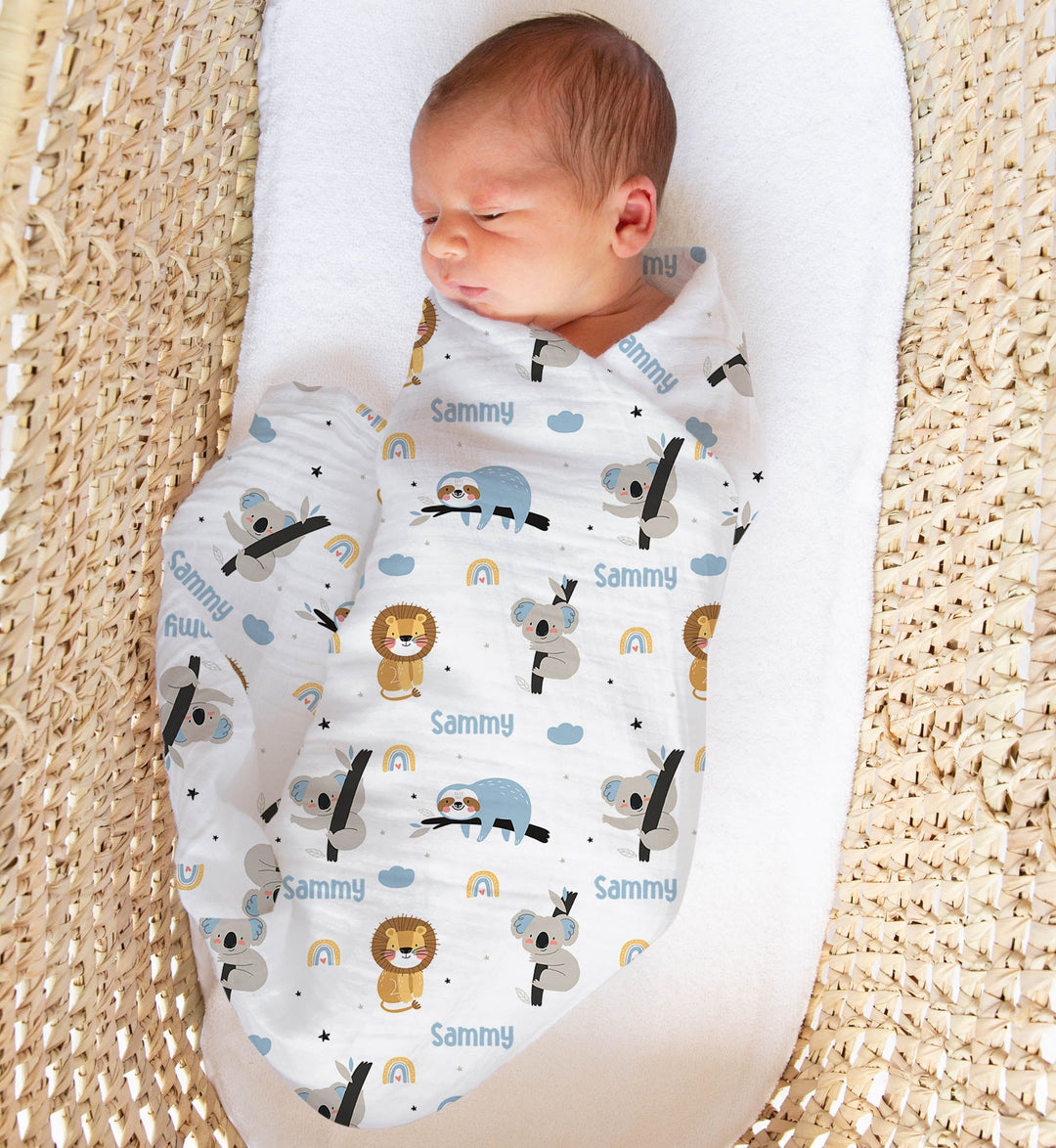 Personalised muslin swaddle wrap with baby name, soft breathable fabric, 120x120cm, perfect for newborns and daily use