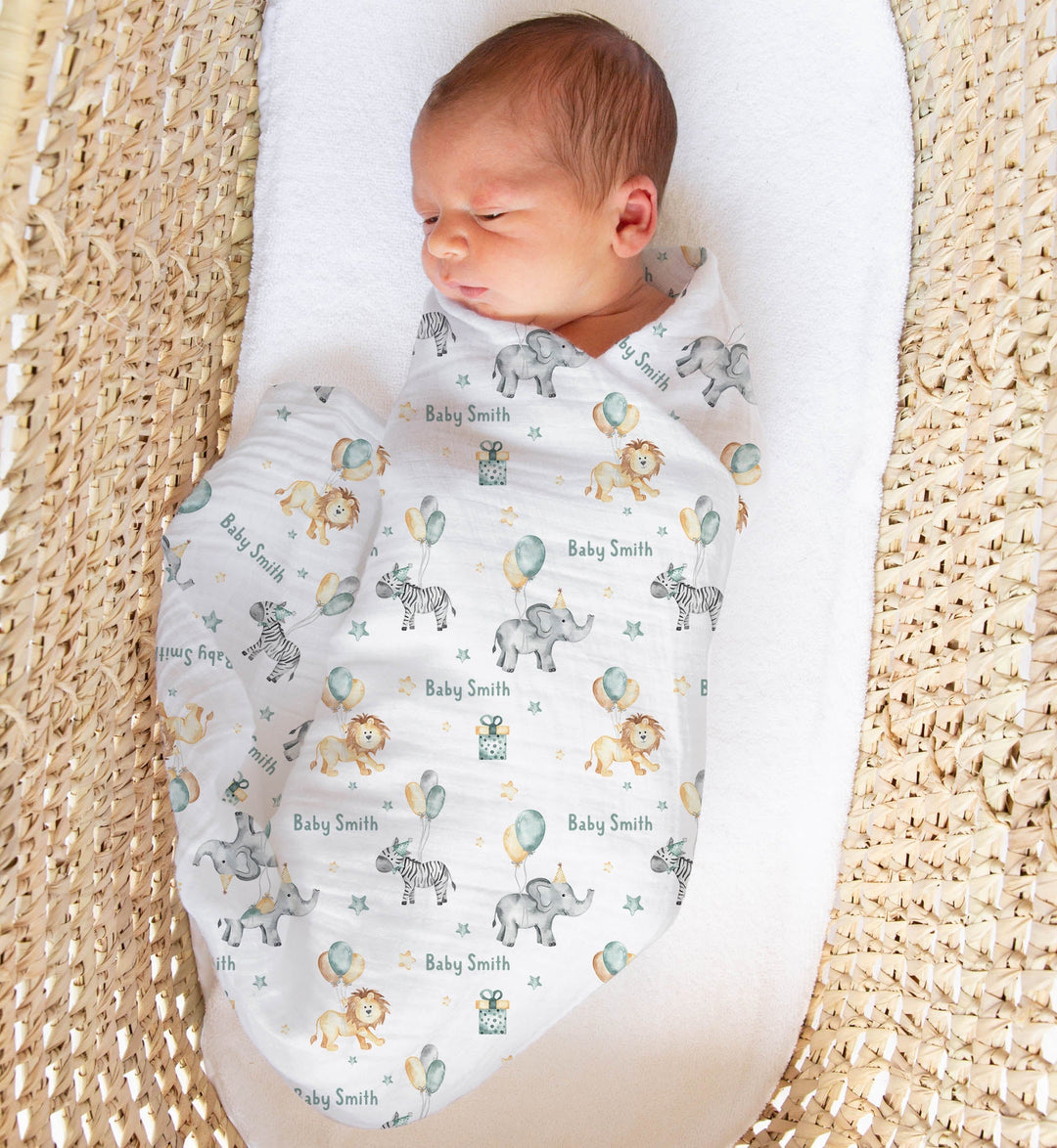 Personalised muslin swaddle wrap with baby name, soft breathable fabric, 120x120cm size for newborns and babies