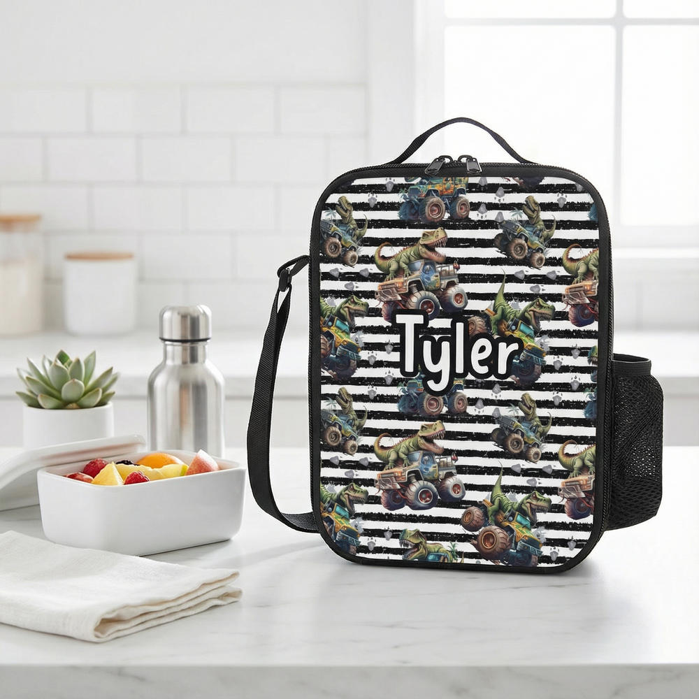 Custom lunch bag with name and insulated lining - DINOSAUR LUNCH BAG