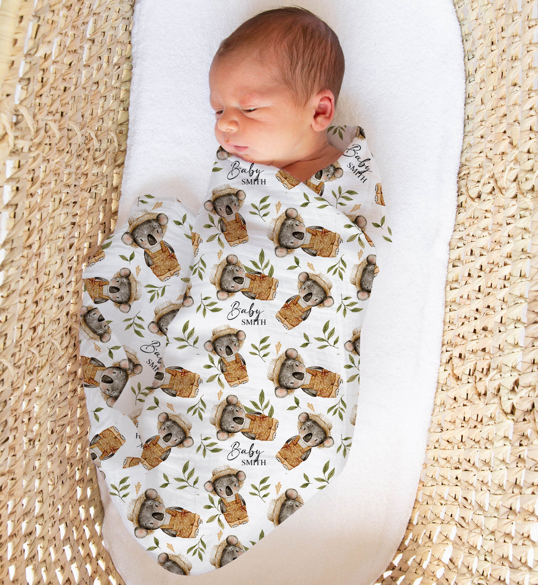 Custom muslin swaddle wrap personalized with baby’s name, made from soft breathable fabric, ideal for newborns.
