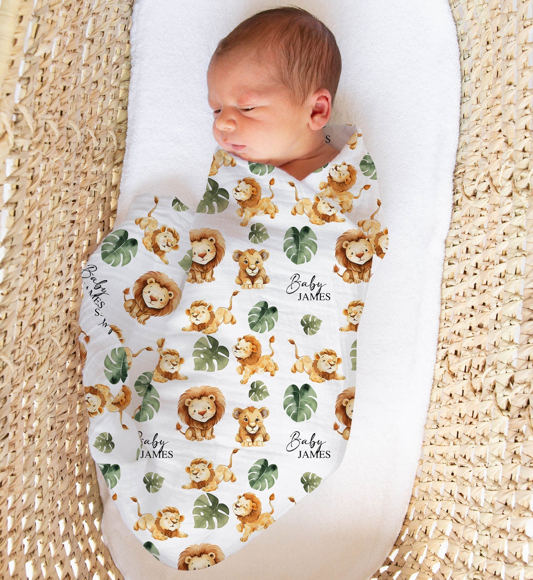 Custom muslin swaddle wrap personalized with baby’s name, soft breathable fabric, 120x120cm size, ideal for newborns.