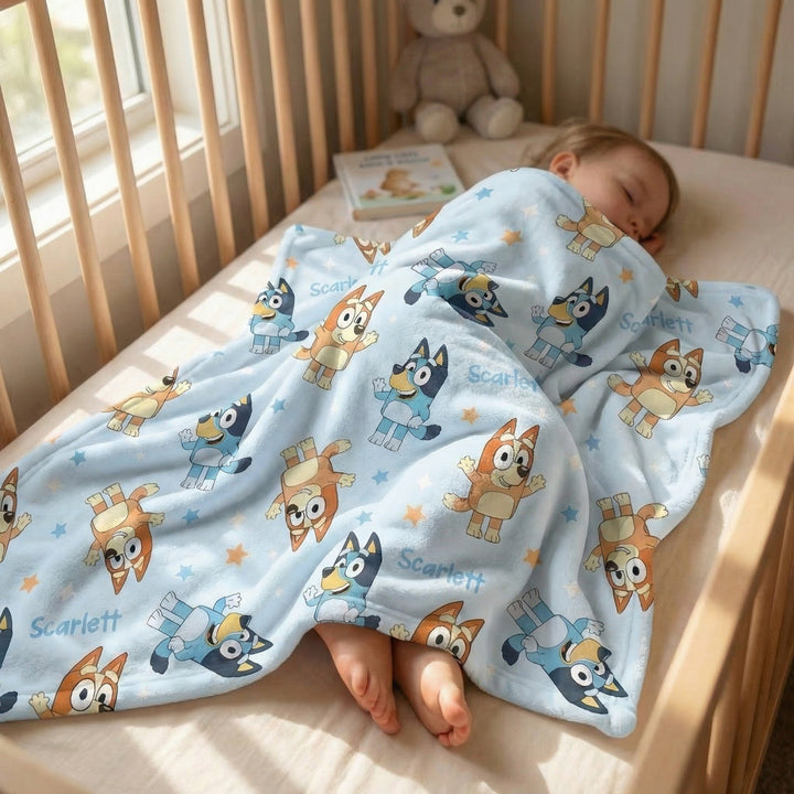 Soft personalised baby blanket with custom edge-to-edge print and plain white reverse side