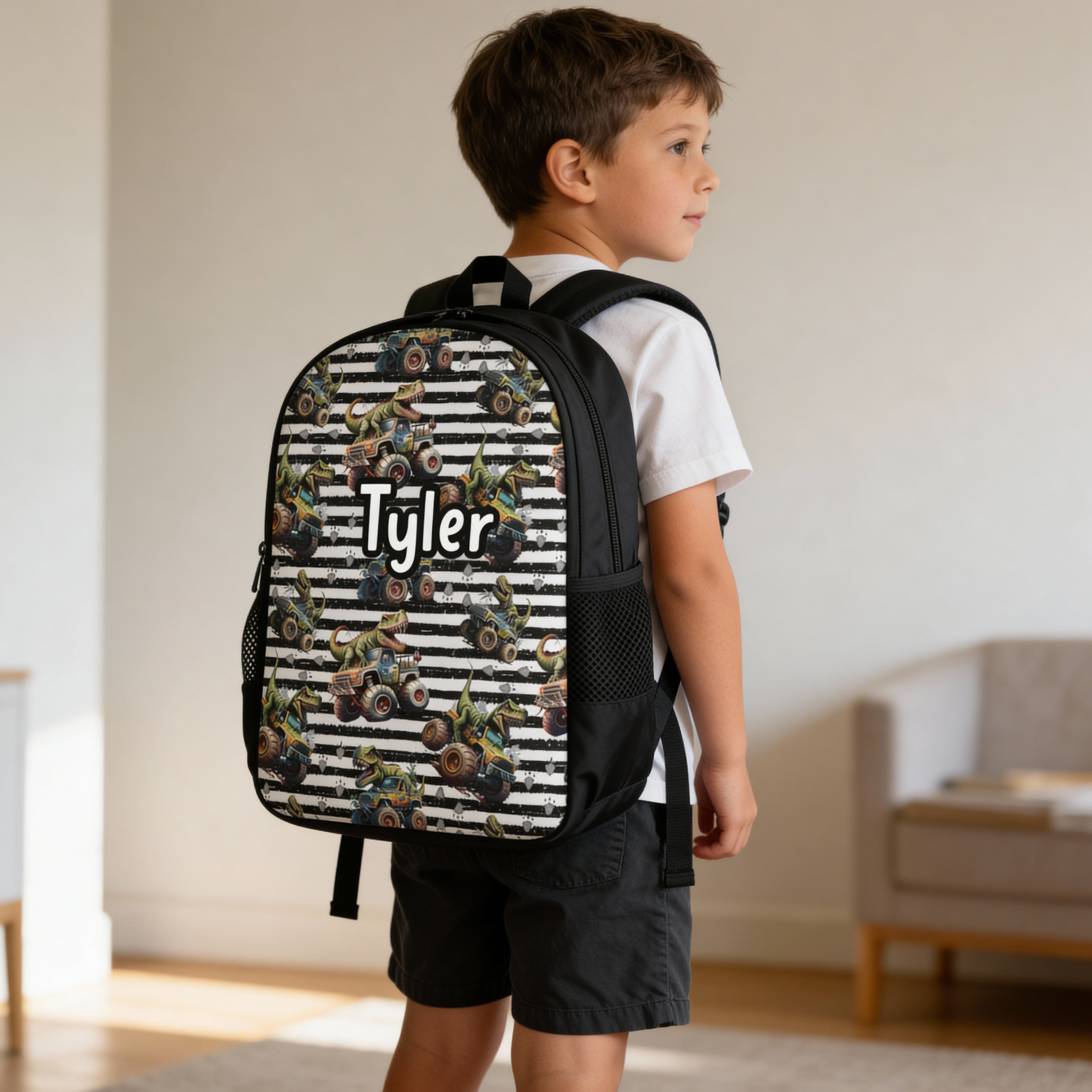 monster trucks and dinosaur kids backpack