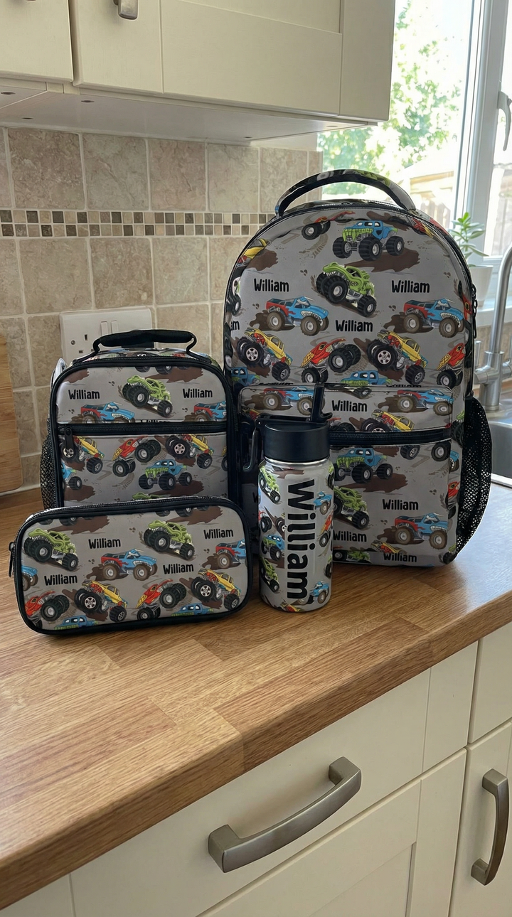 Personalised kids backpack, lunch bag, and pencil case school combo set