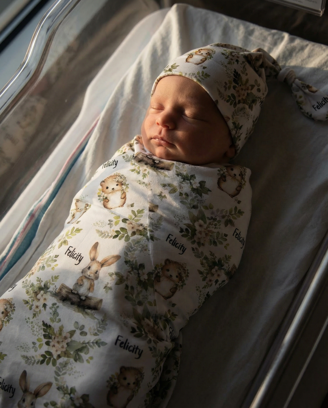 Personalised baby swaddle and beanie set made from soft stretch poly fabric for comfort and style