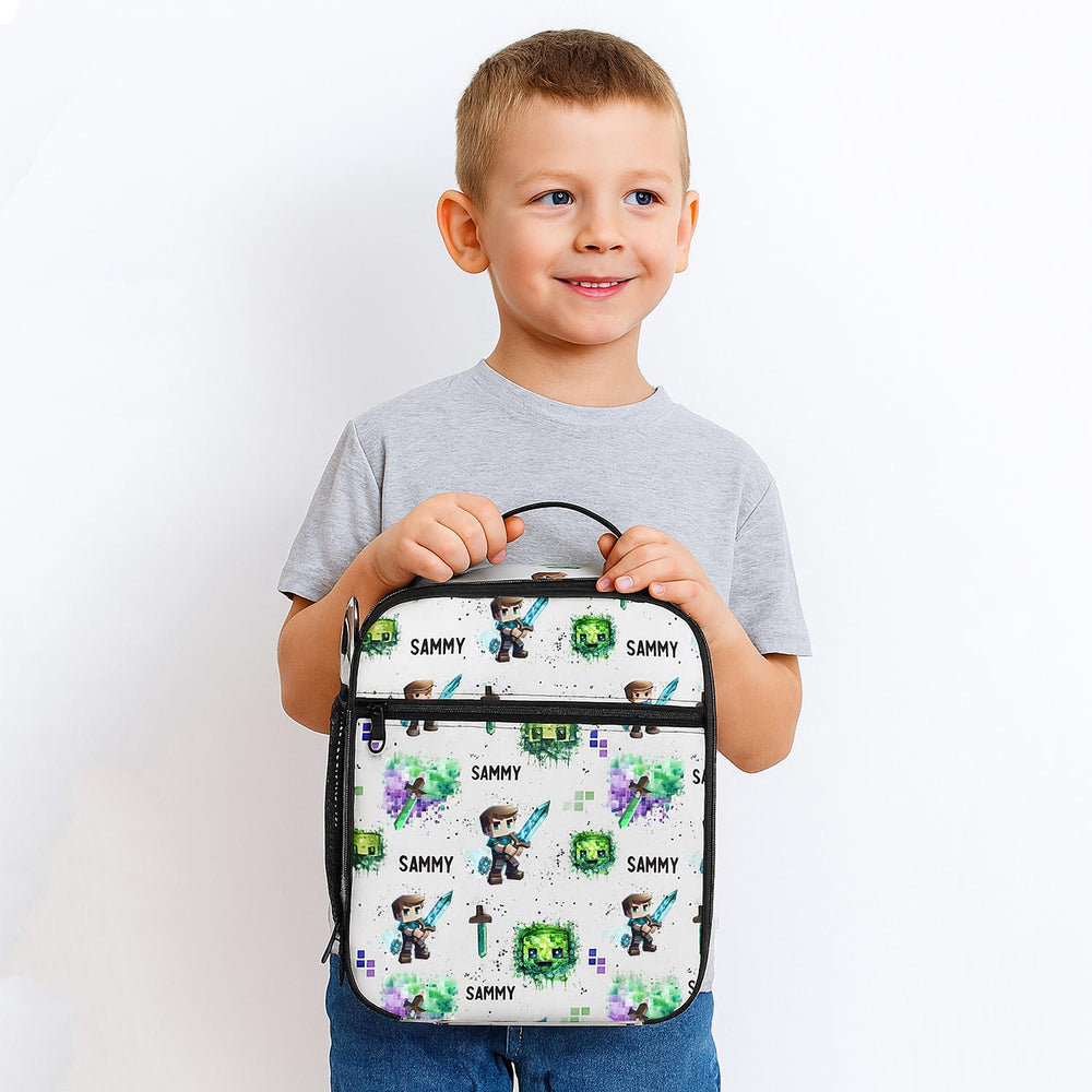 personalised kids lunch bag with minecraft print