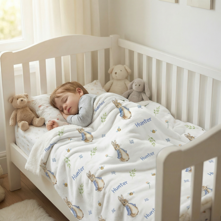 Personalised kids luxe sherpa blanket with plush velvet front and soft sherpa fleece backing