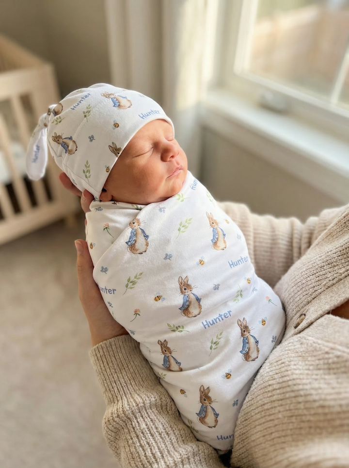 Personalised baby swaddle and beanie set made from soft stretch poly fabric for newborns