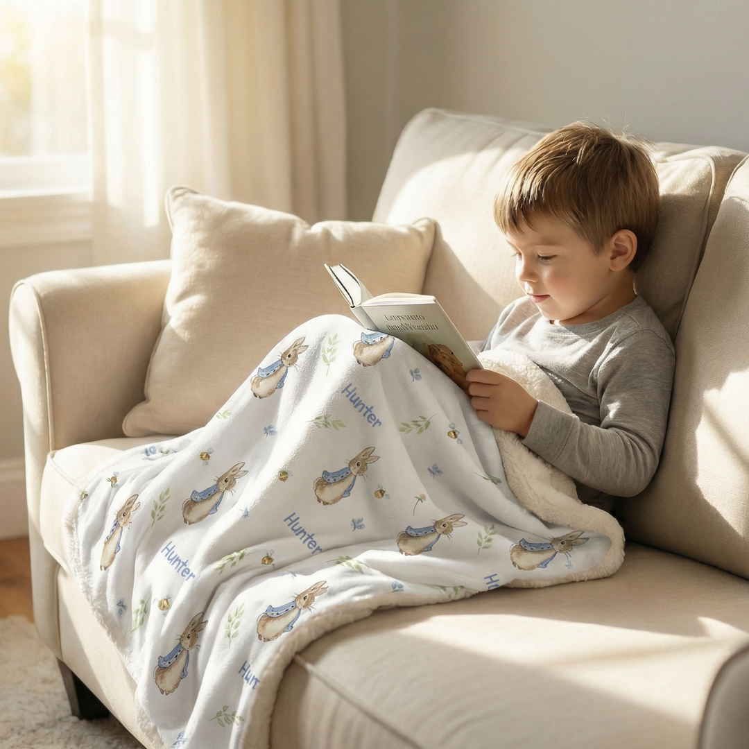 Personalised kids luxe sherpa blanket with plush velvet front and soft sherpa fleece backing