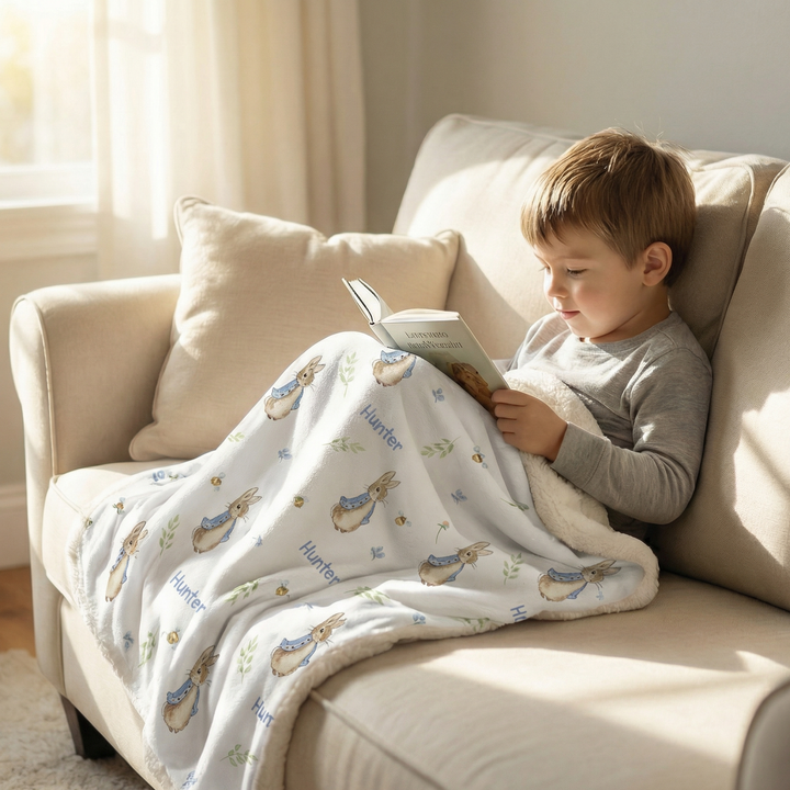 Personalised kids luxe sherpa blanket with plush velvet front and soft sherpa fleece backing