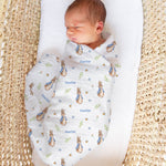 Personalised muslin swaddle wrap with baby name, soft breathable fabric, 120x120cm size for newborns and babies