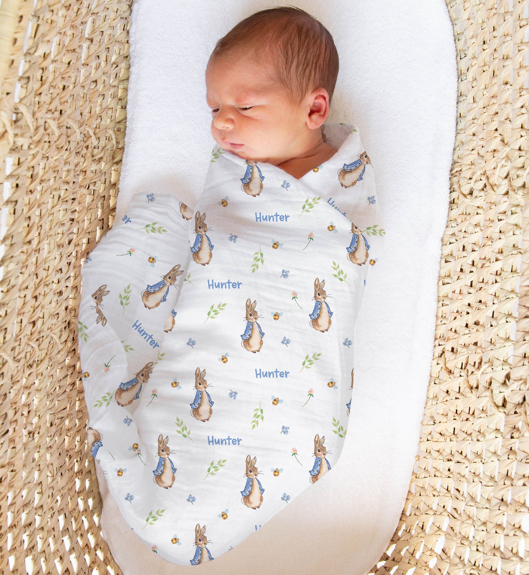 Personalised muslin swaddle wrap with baby name, soft breathable fabric, 120x120cm size for newborns and babies