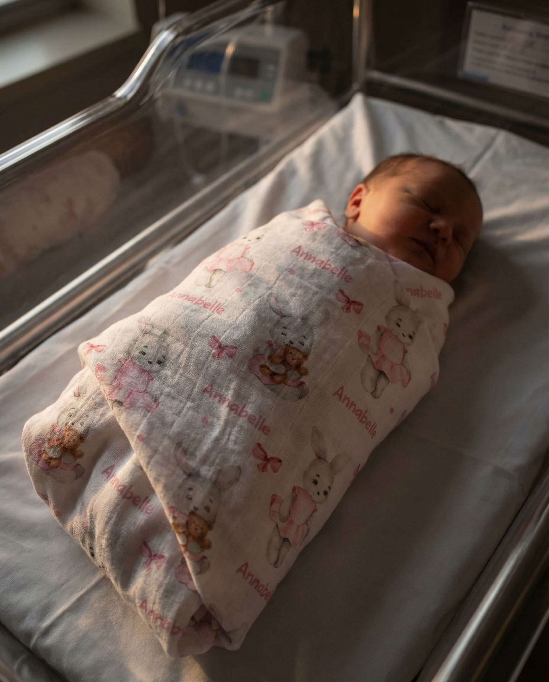 Personalised muslin swaddle wrap with baby name, soft breathable fabric, 120x120cm size for newborns and babies