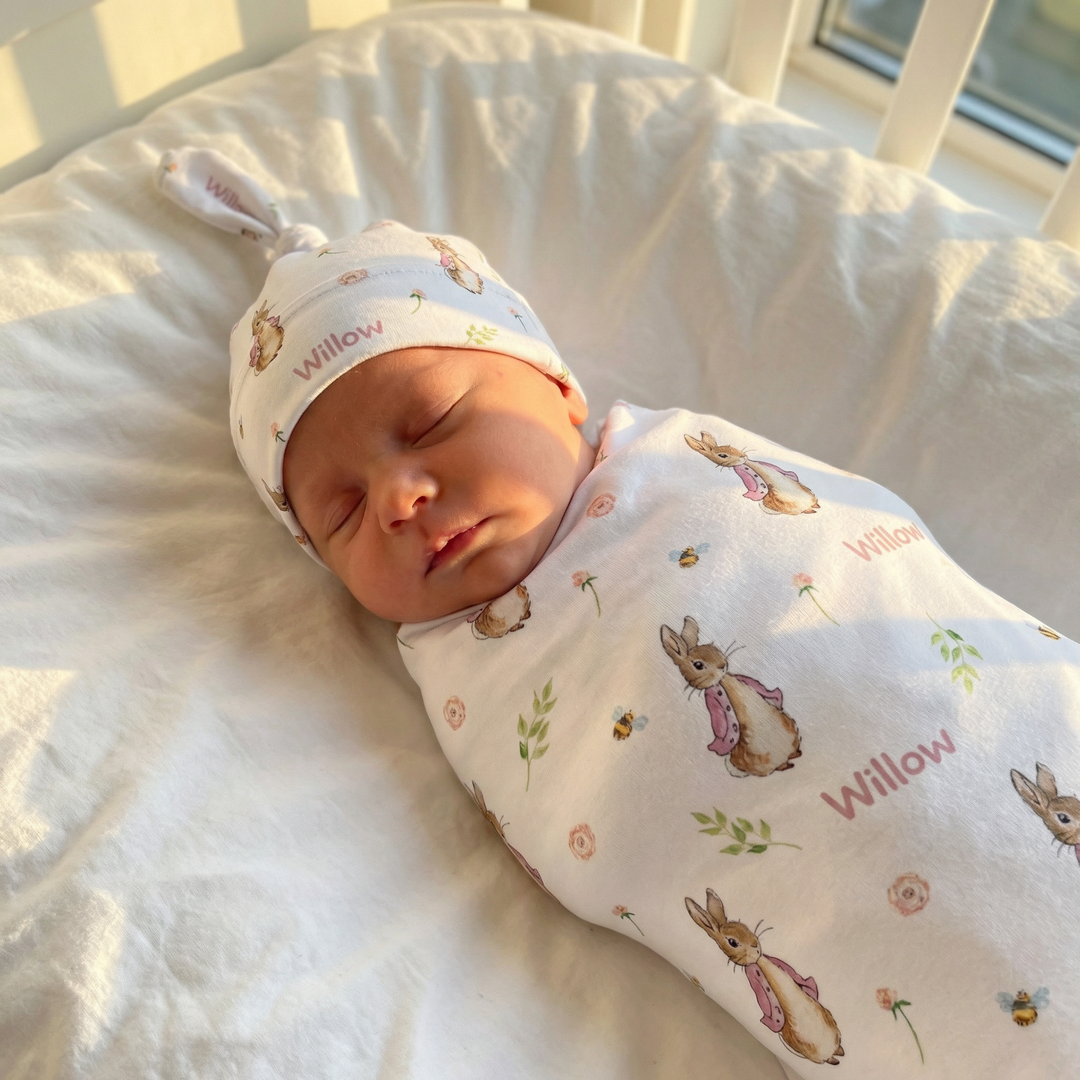 Personalised baby swaddle and beanie set made from soft stretch poly fabric for comfort and style