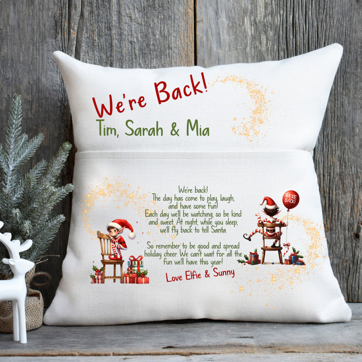 “We’re Back” Christmas Pillow – Custom Elf Pocket Cushion