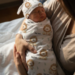 Personalised baby swaddle and beanie set made from soft stretch poly fabric for comfort and style