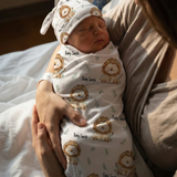 Personalised baby swaddle and beanie set made from soft stretch poly fabric for comfort and style