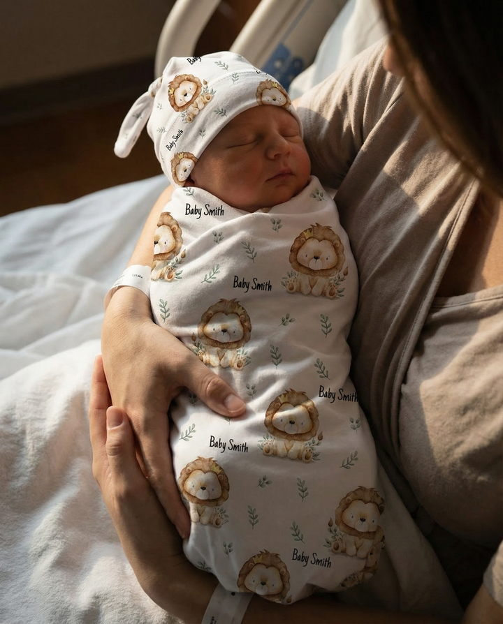 Personalised baby swaddle and beanie set made from soft stretch poly fabric for comfort and style