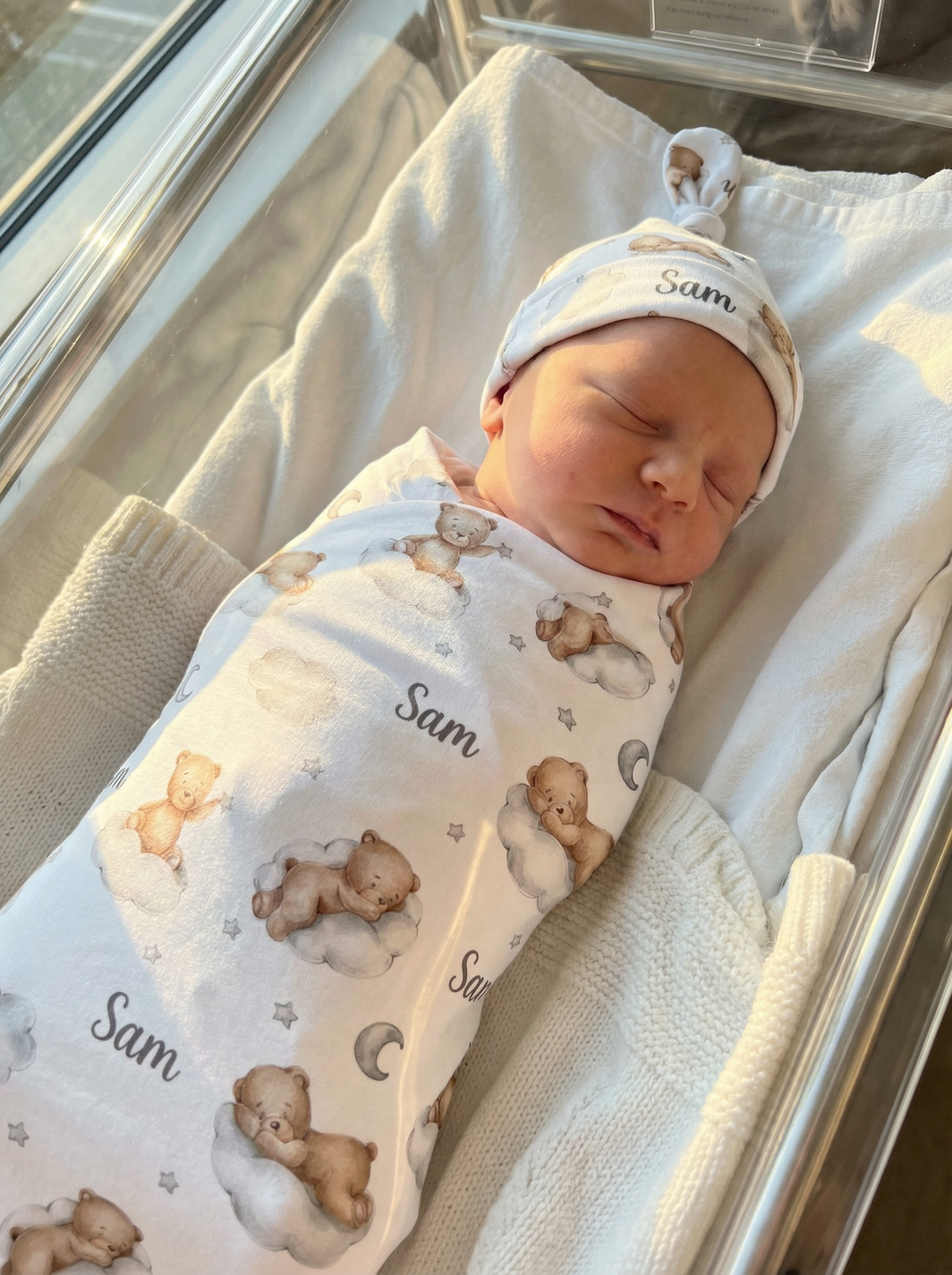 Personalised baby swaddle and beanie set in stretch poly fabric for comfort and style