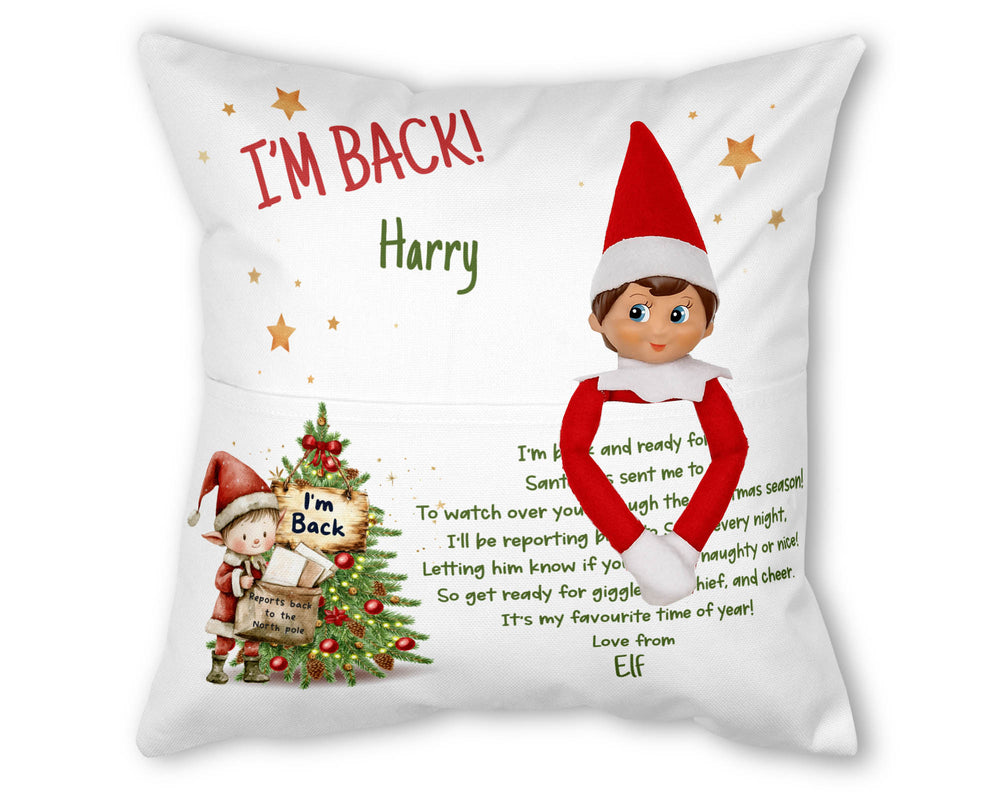 Personalised Elf on the Shelf pocket cushion – I’m Back design for Christmas home decoration