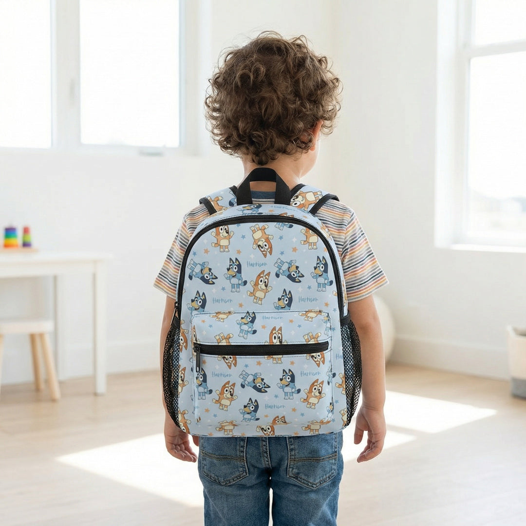 Small durable Oxford fabric daycare backpack with adjustable straps and multiple compartments for toddlers