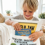 Personalised Construction Pocket Book Cushion with truck and digger design and built-in book pocket for boys