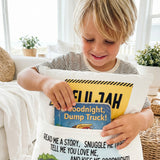 Personalised Construction Pocket Book Cushion with truck and digger design and built-in book pocket for boys