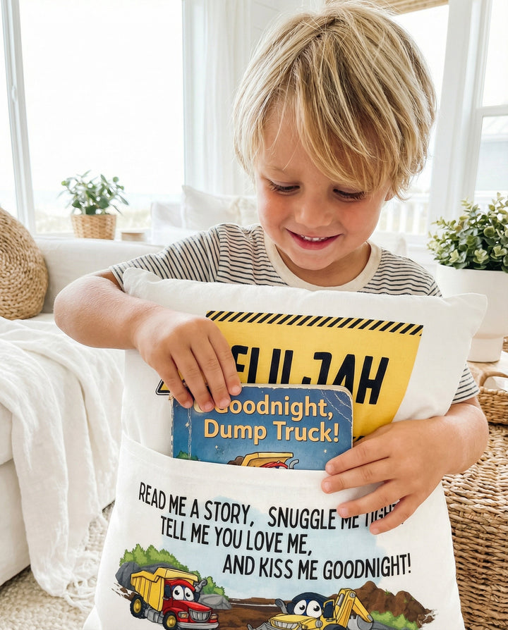 Personalised Construction Pocket Book Cushion with truck and digger design and built-in book pocket for boys