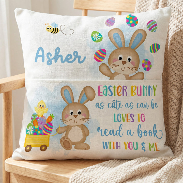 Personalised Easter pocket book cushion in blue with bunny and eggs design and child's name
