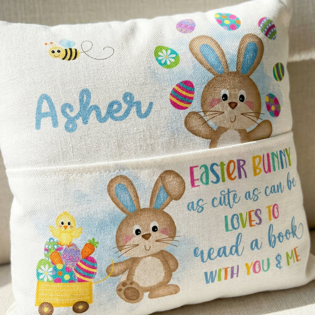 Personalised Easter Pocket Book Cushion blue with bunny and name pocket for kids' books
