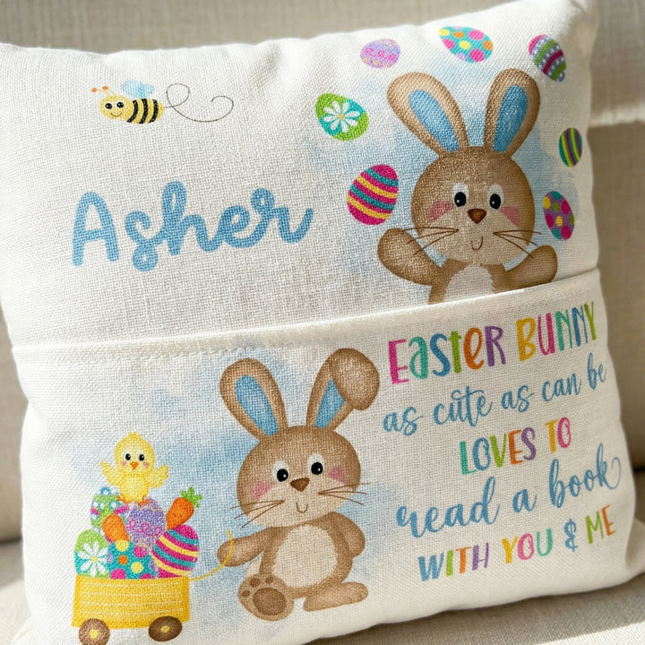 Personalised Easter Pocket Book Cushion blue with bunny and name pocket for kids' books