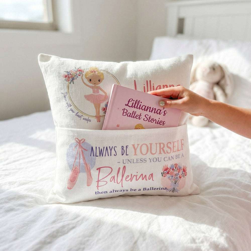 Personalised ballerina pocket book cushion with ballerina illustration and built-in book pocket for kids