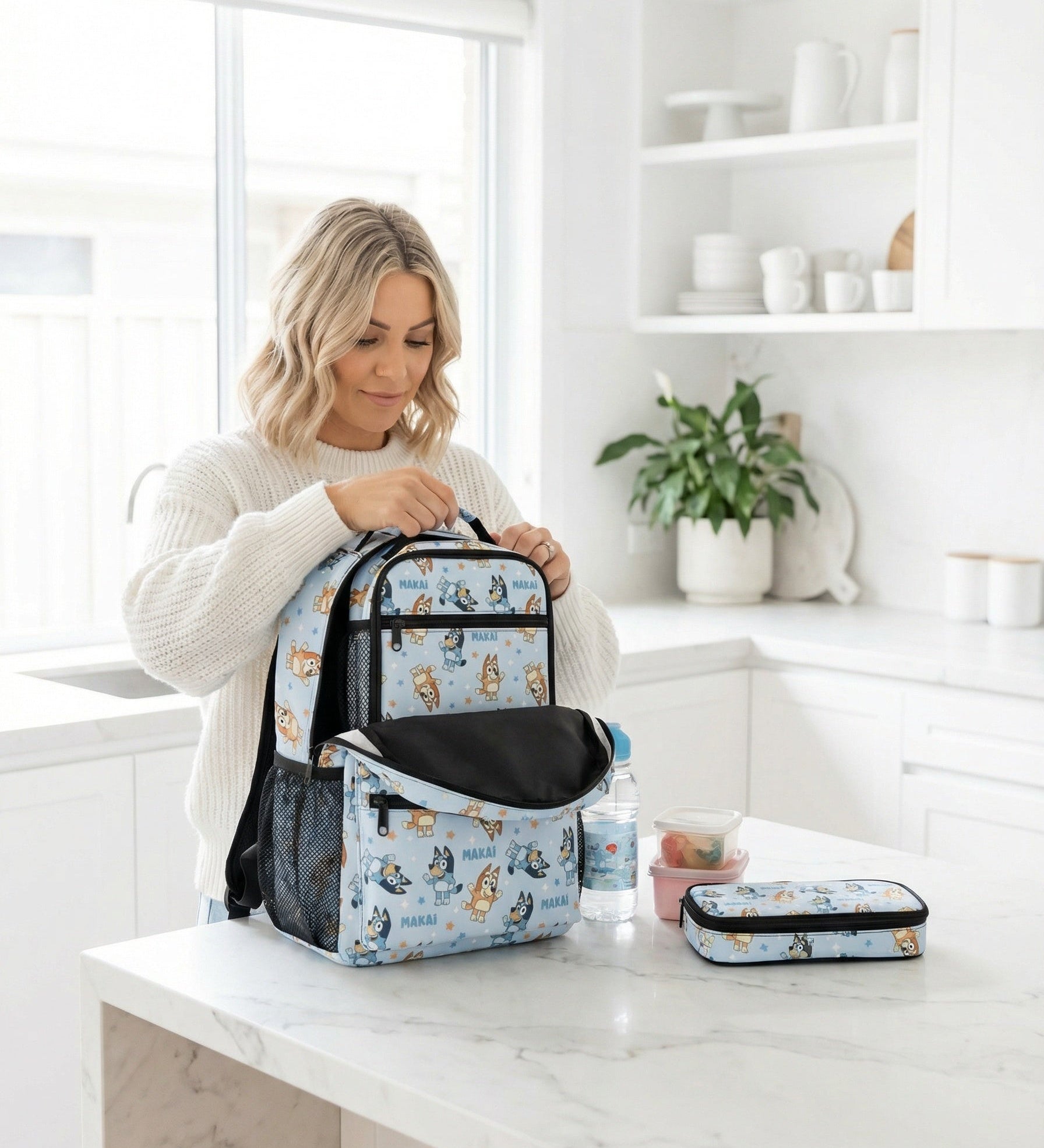 Personalised kids backpack, lunch bag, and pencil case combo with child's name for school use