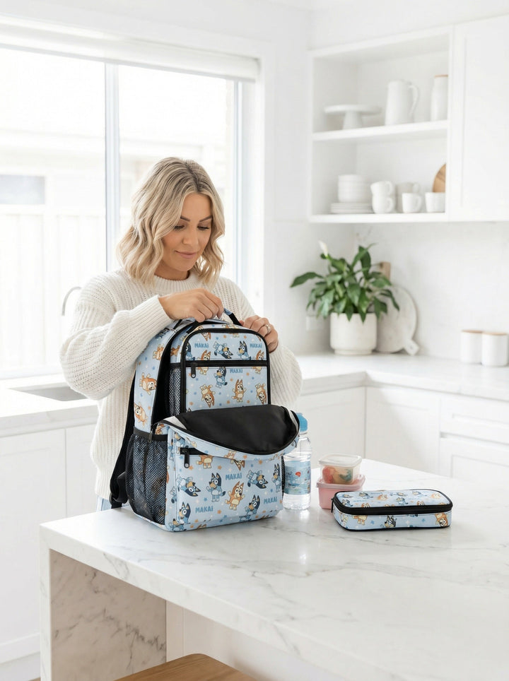 Personalised kids backpack, lunch bag, and pencil case combo with child's name for school use