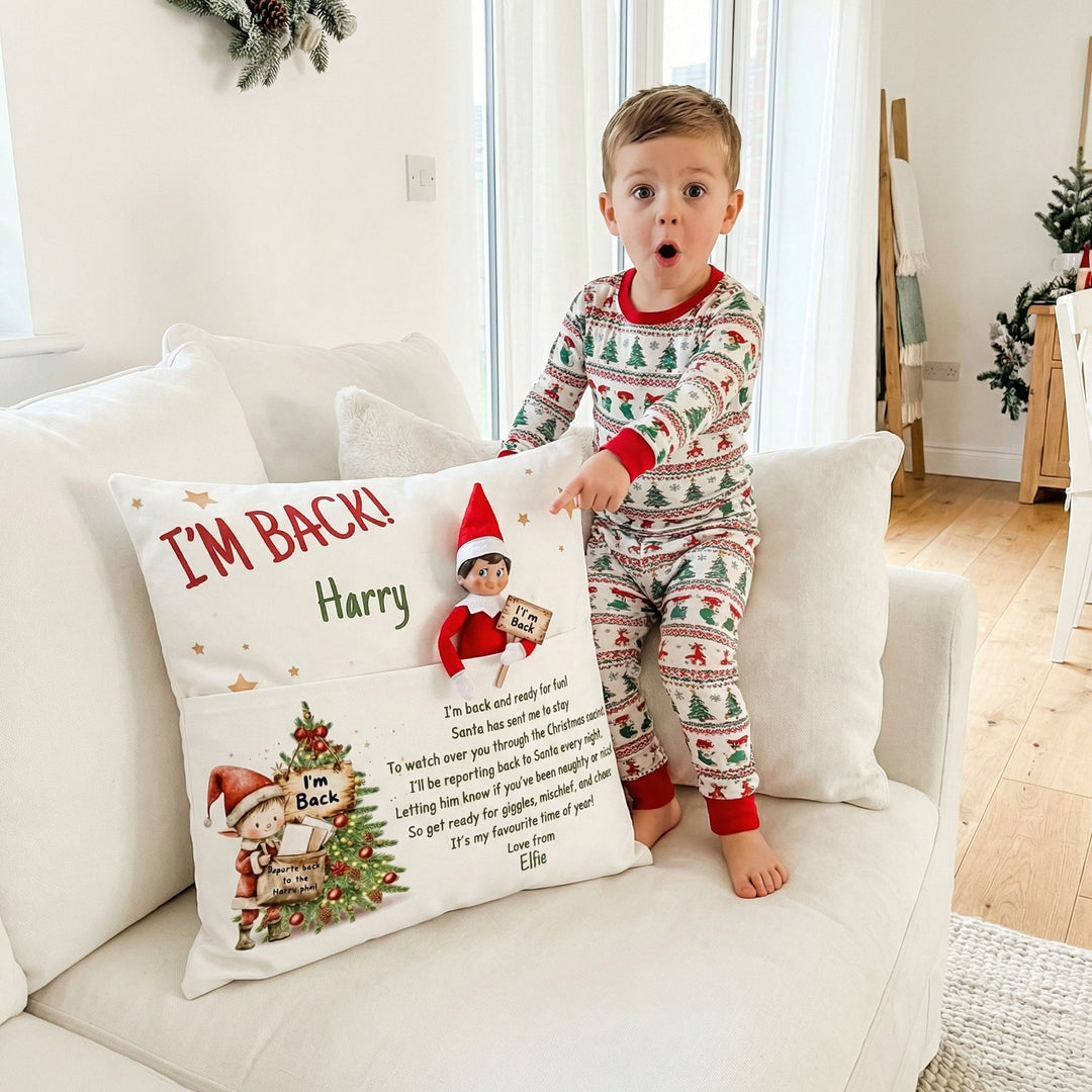 Personalised “I'm Back” Christmas Pillow with elf pocket and child's name on soft linen fabric