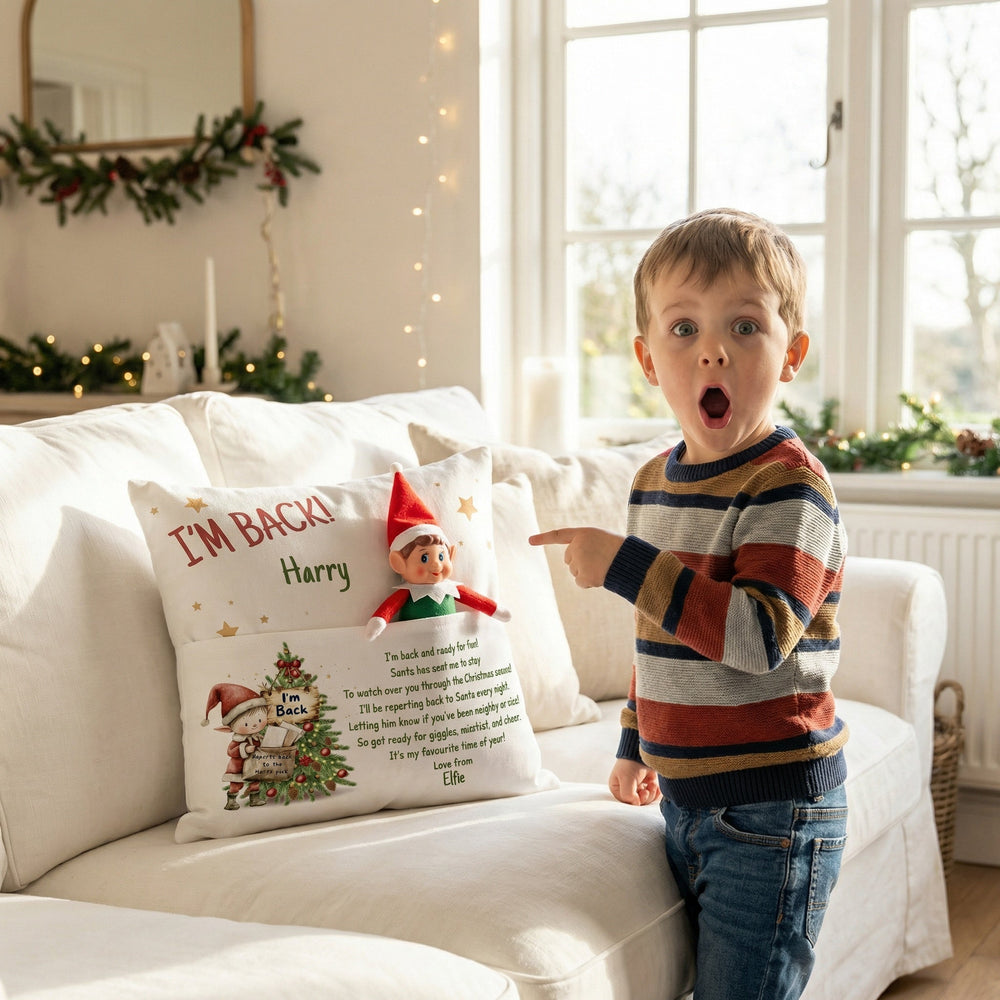 Personalised “I’m Back” Christmas Pillow with elf pocket and soft linen fabric for festive holiday decor