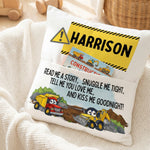Personalised construction pocket book cushion with trucks and child's name, featuring a built-in book pocket for boys.