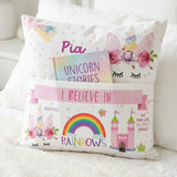 Personalised Unicorn Pocket Book Cushion with built-in book pocket and child’s name on pastel unicorn design