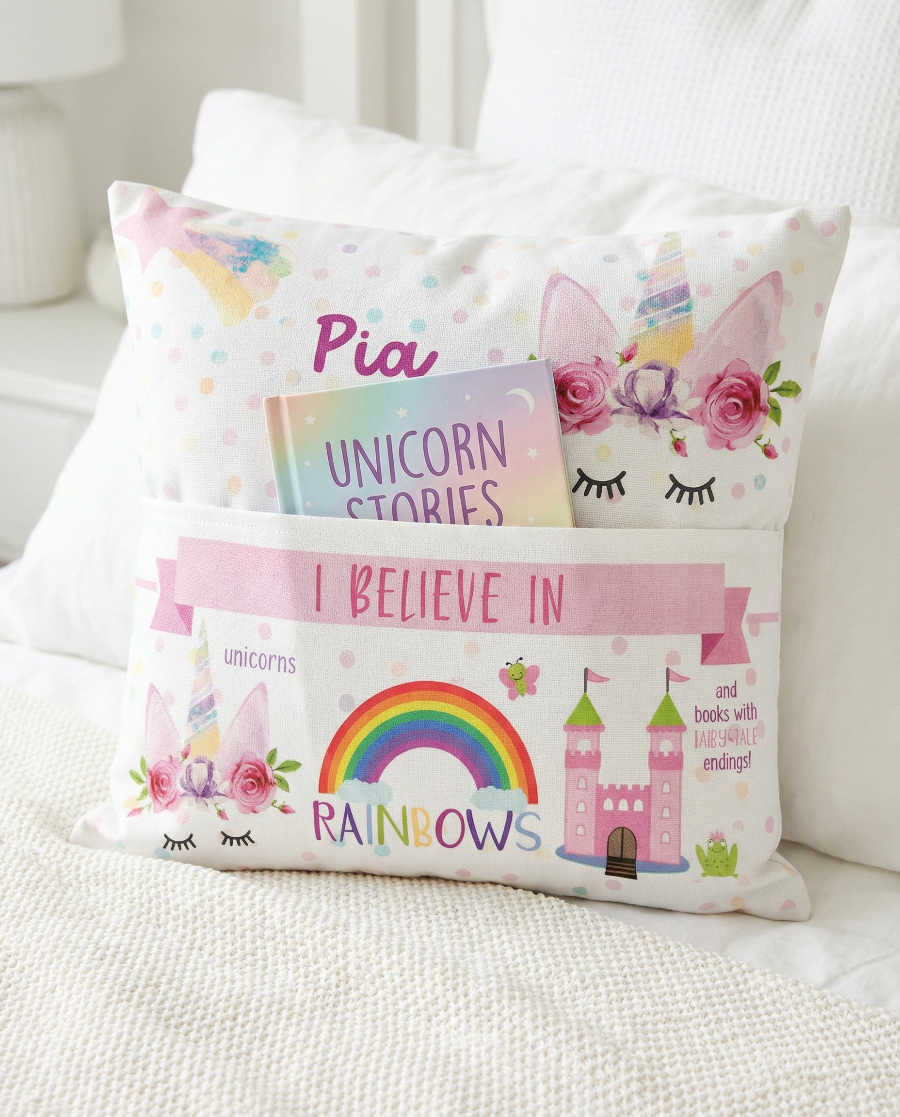 Personalised Unicorn Pocket Book Cushion with built-in book pocket and child’s name on pastel unicorn design