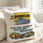 Personalised Construction Pocket Book Cushion with construction vehicle illustrations and built-in book pocket for boys