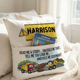 Personalised Construction Pocket Book Cushion with construction vehicle illustrations and built-in book pocket for boys