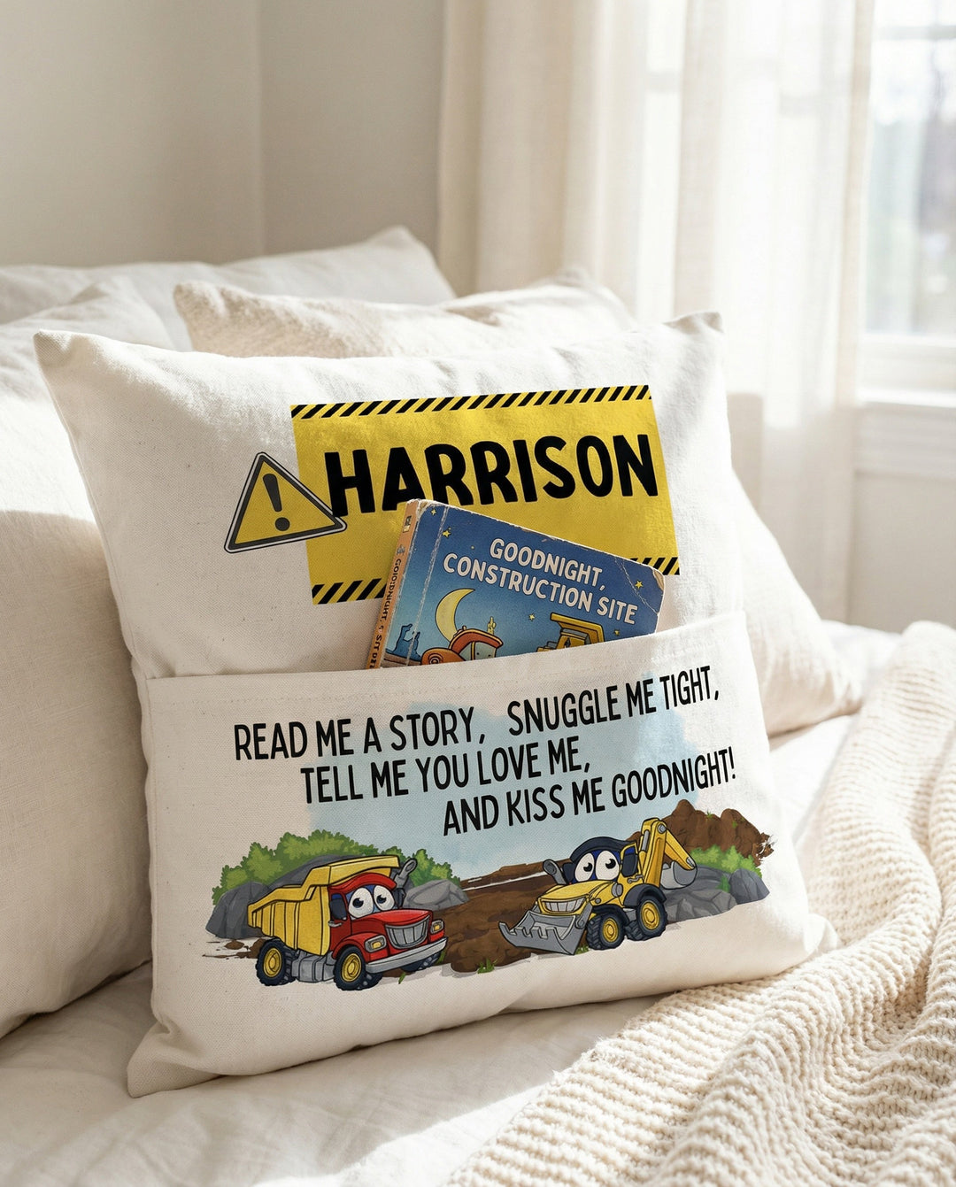 Personalised Construction Pocket Book Cushion with construction vehicle illustrations and built-in book pocket for boys