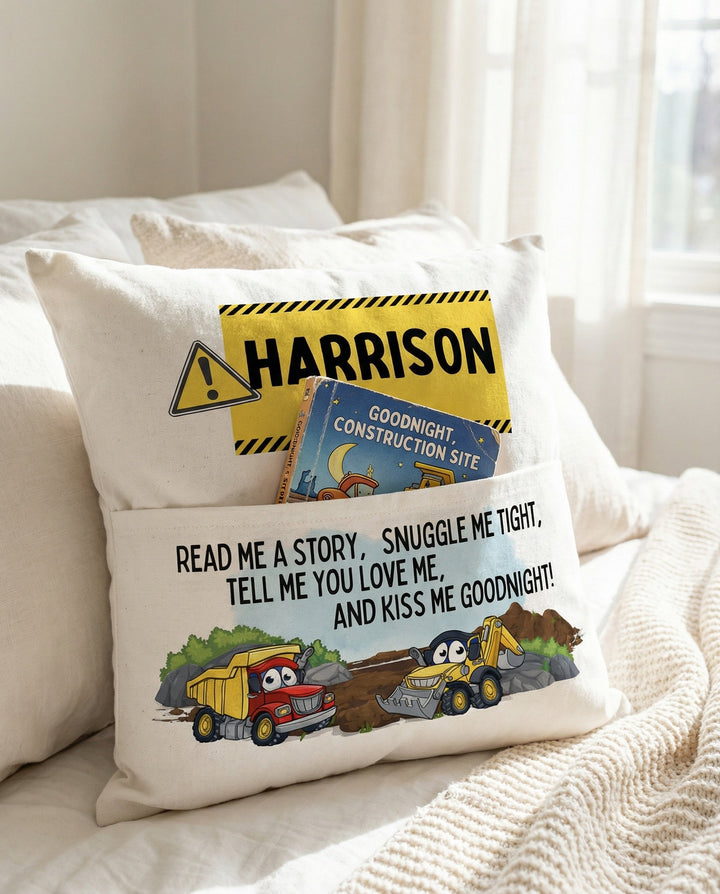 Personalised Construction Pocket Book Cushion with construction vehicle illustrations and built-in book pocket for boys